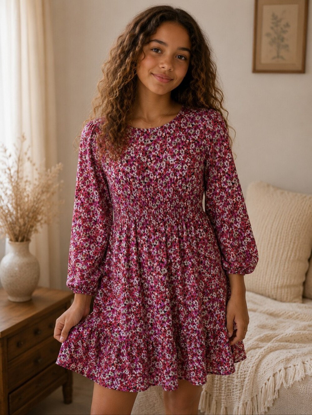 Zara Girls Pink Floral Smocked Babydoll Dress Size 13-14 Cottagecore Boho